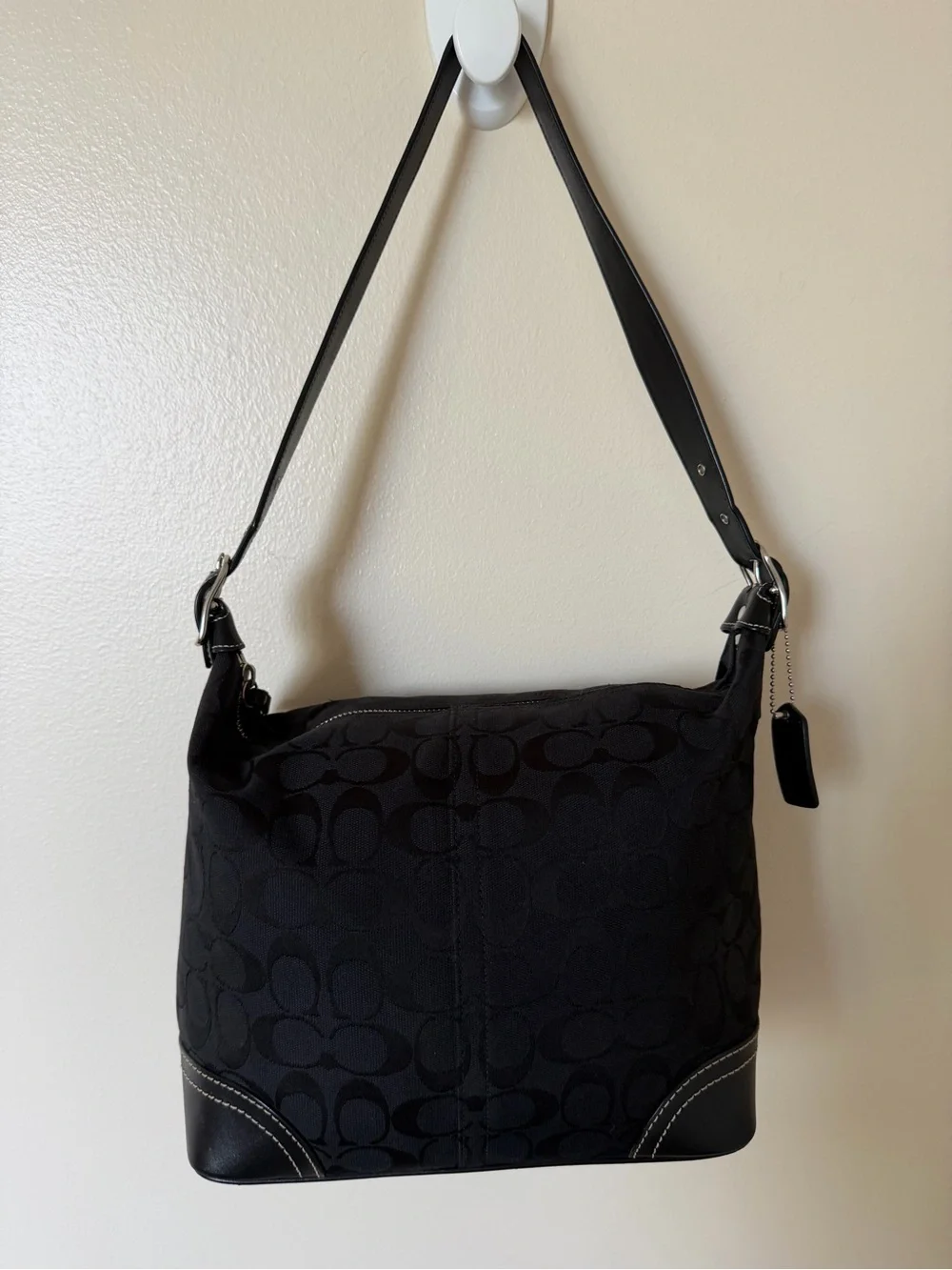 COACH Y2K Bag F10906 Black Signature Jacquard Leather Trim Shoulder Hobo Purse